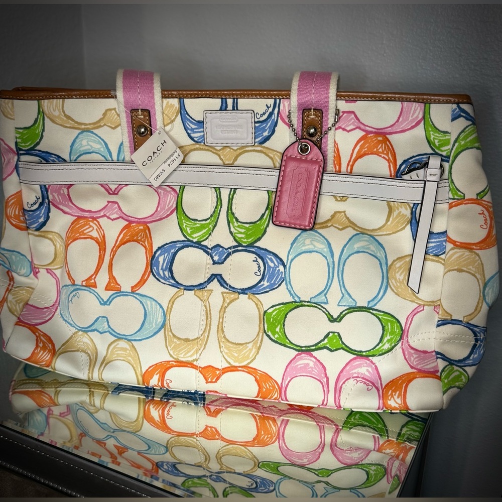 NWT 2007 Coach Scribble Multicolor Tote F11674 – Pink Trim – Large Shoulder Bag